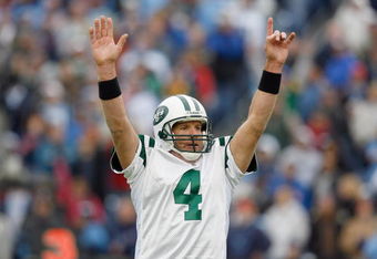 NASHVILLE, TN - NOVEMBER 23:  Quarterback Brett Favre #4 of the New York Jets celebrates on the field during the game against the Tennessee Titans at LP Field on November 23, 2008 in Nashville, Tennessee. (Photo by Kevin C. Cox/Getty Images)