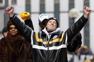 PITTSBURGH - FEBRUARY 03: Defensive Coordinator Dick LeBeau of the Pittsburgh Steelers pumps his fists during a parade to celebrate winning Super Bowl XLIII on February 3, 2009 in Pittsburgh, Pennsylvania. (Photo by Gregory Shamus/Getty Images)