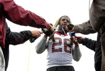 ASHBURN, VA - MAY 1:  Clinton Portis #26 of the Washington Redskins talks to the media after minicamp on May 1, 2009 at Redskins Park in Ashurn, Virginia.   (Photo by Mitchell Layton/Getty Images)