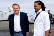 GLENDALE, AZ - MARCH 05:  Manny Ramirez #99 (R) of the Los Angeles Dodgers arrives from Los Angeles with agent Scott Boras on March 5, 2009, at Camelback Ranch in Glendale, Arizona.  Ramirez signed with the Dodgers to a two-year contract with a player option following the first season.  (Photo by Kevork Djansezian/Getty Images)