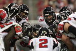 GLENDALE, AZ - JANUARY 03:   The Atlanta Falcons huddle around quarterback Matt Ryan #2 in the NFC Wild Card Game against the Arizona Cardinals on January 3, 2009 at University of Phoenix Stadium in Glendale, Arizona. The Cardinals defeated the Falcons 30-24.  (Photo by Jed Jacobsohn/Getty Images)