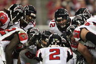 GLENDALE, AZ - JANUARY 03: The Atlanta Falcons huddle around quarterback Matt Ryan #2 in the NFC Wild Card Game against the Arizona Cardinals on January 3, 2009 at University of Phoenix Stadium in Glendale, Arizona. The Cardinals defeated the Falcons 30-24. (Photo by Jed Jacobsohn/Getty Images)