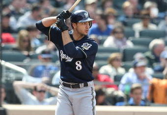 NEW YORK - APRIL 19:  Ryan Braun #8 of the Milwaukee Brewers at bat against the New York Mets at Citi Field on April 19, 2009 in the Flushing neighborhood of the Queens borough of New York City.  (Photo by Nick Laham/Getty Images)