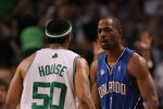 BOSTON - MAY 06:  Rafer Alston #1 of the Orlando Magic and Eddie House #50 of the Boston Celtics exchange words after House scored a three-point shot in the second half in Game Two of the Eastern Conference Semifinals during the 2009 NBA Playoffs at TD Banknorth Garden on May 6, 2009 in Boston, Massachusetts. The Boston Celtics defeated the Orlando Magic 112-94. NOTE TO USER: User expressly acknowledges and agrees that, by downloading and or using this photograph, User is consenting to the terms and conditions of the Getty Images License Agreement.  (Photo by Elsa/Getty Images)