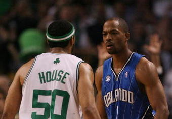 BOSTON - MAY 06:  Rafer Alston #1 of the Orlando Magic and Eddie House #50 of the Boston Celtics exchange words after House scored a three-point shot in the second half in Game Two of the Eastern Conference Semifinals during the 2009 NBA Playoffs at TD Banknorth Garden on May 6, 2009 in Boston, Massachusetts. The Boston Celtics defeated the Orlando Magic 112-94. NOTE TO USER: User expressly acknowledges and agrees that, by downloading and or using this photograph, User is consenting to the terms and conditions of the Getty Images License Agreement.  (Photo by Elsa/Getty Images)