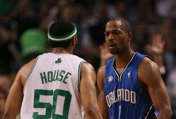 BOSTON - MAY 06:  Rafer Alston #1 of the Orlando Magic and Eddie House #50 of the Boston Celtics exchange words after House scored a three-point shot in the second half in Game Two of the Eastern Conference Semifinals during the 2009 NBA Playoffs at TD Banknorth Garden on May 6, 2009 in Boston, Massachusetts. The Boston Celtics defeated the Orlando Magic 112-94. NOTE TO USER: User expressly acknowledges and agrees that, by downloading and or using this photograph, User is consenting to the terms and conditions of the Getty Images License Agreement.  (Photo by Elsa/Getty Images)