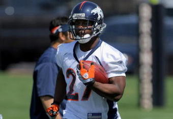 ENGLEWOOD, CO - MAY 03:  First round draft pick running back Knowshon Moreno #27 of Denver Broncos participates in practice at minicamp at the Broncos training facility on May 3, 2009 in Englewood, Colorado.  (Photo by Doug Pensinger/Getty Images)