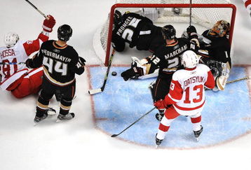 ANAHEIM, CA - MAY 05:  Marian Hossa #81 of the Detroit Red Wings celebrates a goal that was later disallowed in the third period of Game Three of the Western Conference Semifinal Round of the 2009 Stanley Cup Playoffs against Nicklas Lidstrom #5 at the Honda Center on May 5, 2009 in Anaheim, California. The Ducks defeated the Red Wings 2-1.  (Photo by Kevork Djansezian/Getty Images)