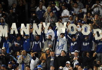 LOS ANGELES, CA - APRIL 16: Left Field fans of Manny Ramirez #99 of the Los Angeles Dodgers react to an at bat against the San Francisco Giants during the sixth inning at Dodger Stadium on April 16, 2009 in Los Angeles, California. (Photo by Harry How/Getty Images)