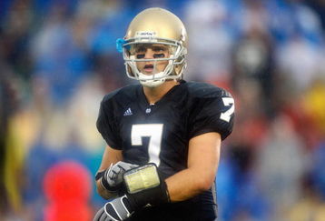 SOUTH BEND,IN - SEPTEMBER 13:  Quarterback Jimmy Clausen #7 of the Notre Dame Fighting Irish looks down the field during the game against the Michigan Wolverines on September 13, 2008 at Notre Dame Stadium in South Bend, Indiana. (Photo by: Gregory Shamus/Getty Images)