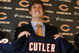 LAKE FOREST, IL - APRIL 3: Quarterback Jay Cutler of the Chicago Bears holds up his #6 jersey after he was introduced as their new quarterback during a press conference on April 3, 2009 at Halas Hall in Lake Forest, Illinois. (Photo by Jim Prisching/Getty Images)