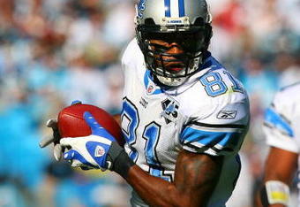 CHARLOTTE, NC - NOVEMBER 16:  Calvin Johnson #81 of the Detroit Lions makes a catch against the Carolina Panthers at Bank of America Stadium on November 16, 2008 in Charlotte, North Carolina.  (Photo by Streeter Lecka/Getty Images)