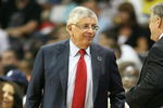 ATLANTA - APRIL 29:  NBA Commissioner David Stern greets fans courtside as the Miami Heat take on the Atlanta Hawks during Game Five of the Eastern Conference Quarterfinals at Philips Arena on April 29, 2009 in Atlanta, Georgia. NOTE TO USER: User expressly acknowledges and agrees that, by downloading and/or using this Photograph, user is consenting to the terms and conditions of the Getty Images License Agreement.  (Photo by Doug Benc/Getty Images)