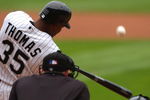CHICAGO - JUNE 13:  Frank Thomas #35 of the Chicago White Sox hits a solo home run in the first inning against the Atlanta Braves on June 13, 2004 at U.S. Cellular Field in Chicago, Illinois. The White Sox defeated the Braves 10-3.  (Photo by Jonathan Daniel/Getty Images)