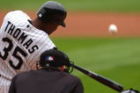 CHICAGO - JUNE 13:  Frank Thomas #35 of the Chicago White Sox hits a solo home run in the first inning against the Atlanta Braves on June 13, 2004 at U.S. Cellular Field in Chicago, Illinois. The White Sox defeated the Braves 10-3.  (Photo by Jonathan Daniel/Getty Images)