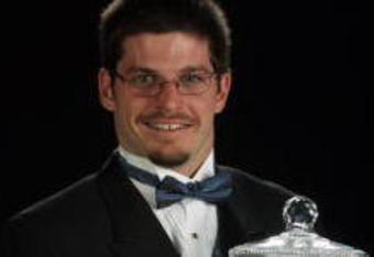 6 Nov 2001: Player's Forsythe Racing driver Patrick Carpentier receives the Tenth Place Trophy in the CART (Championship Auto Racing Teams) FedEx Championship at the CART FedEx Series Awards Celebration at the Venetian in Las Vegas, Nevada.Digital Image. Mandatory Credit: Robert Laberge/ALLSPORT