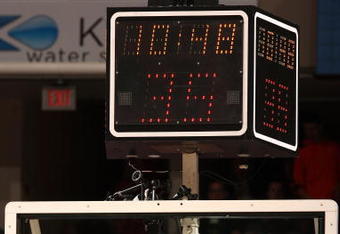 INDIANAPOLIS - MARCH 14:  A detail of the backboard and shot clock as a basketball goes thru the hoop as the Michigan State Spartans play against the Ohio State Buckeyes during their semifinal game of the Big Ten Men's Basketball Tournament at Conseco Fieldhouse on March 14, 2009 in Indianapolis, Indiana.  (Photo by Jonathan Daniel/Getty Images)