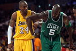 LOS ANGELES, CA - JUNE 12:  Kobe Bryant #24 of the Los Angeles Lakers gets tangled up with Kevin Garnett #5 of the Boston Celtics in Game Four of the 2008 NBA Finals on June 12, 2008 at Staples Center in Los Angeles, California.  NOTE TO USER: User expressly acknowledges and agrees that, by downloading and/or using this Photograph, user is consenting to the terms and conditions of the Getty Images License Agreement.  (Photo by Stephen Dunn/Getty Images)