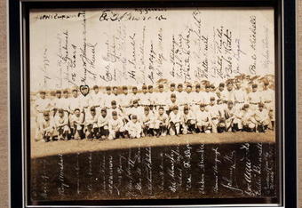 NEW YORK - NOVEMBER 23:   A 1927 New York Yankees autographed team photo is seen at a Sotheby's preview of a baseball memorabilia sale titled 'The Babe Comes Home' November 23, 2004 in New York City. The sale will feature important historical baseball relics with items including the bat which Babe Ruth used to hit the first home run in Yankee Stadium. (Photo by Mario Tama/Getty Images)