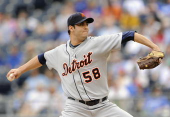 KANSAS CITY, MO - APRIL 26:  Starting pitcher Armando Galarraga #58 of the Detroit Tigers throws a pitch against the Kansas City Royals on April 26, 2009 at Kauffman Stadium in Kansas City, Missouri. (Photo by G. Newman Lowrance/Getty Images)