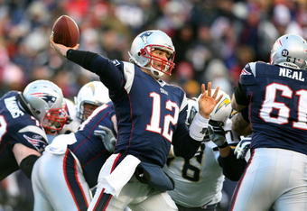FOXBORO, MA - JANUARY 20:  Tom Brady #12 of the New England Patriots throws a pass against the San Diego Chargers during the AFC Championship Game on January 20, 2008 at Gillette Stadium in Foxboro, Massachusetts.  (Photo by Al Bello/Getty Images)