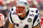 FOXBORO, MA - SEPTEMBER 7:  Tedy Bruschi #54 of the New England Patriots reacts after stopping Larry Johnson of the Kansas City Chiefs at Gillette Stadium September 7, 2008 in Foxboro, Massachusetts.  (Photo by Elsa/Getty Images)