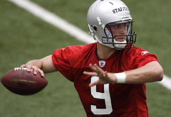 ALLEN PARK, MI - MAY 01: Matt Stafford #9 of the Detroit Lions throws during rookie orientation camp at the Detroit Lions Headquarters and Training Facility on May 1, 2009 in Allen Park, Michigan.  (Photo by Gregory Shamus/Getty Images)