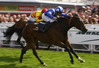 CHESTER, ENGLAND - MAY 08:  Balaagha ridden by Richard Hills wins the Charles Rodgers Cheshire Regiment Maiden Fillies' Stakes at Chester Racecourse on May 8, 2009 in Chester, England.  (Photo by Alex Livesey/Getty Images)