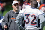ENGLEWOOD, CO - MAY 03:  Head coach Josh McDaniels of the Denver Broncos chats with running back LaMont Jordan #32 during minicamp at the Broncos training facility on May 3, 2009 in Englewood, Colorado.  (Photo by Doug Pensinger/Getty Images)