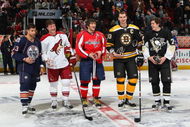 MONTREAL - JANUARY 24:  All-Stars (L-R) Andrew Cogliano of the Edmonton Oilers, Shane Doan of the Phoenix Coyotes, Alex Ovechkin of the Washington Capitals, Zdeno Chara of the Boston Bruins and Evgeni Malkin of the Pittsburgh Penguins pose together with their Honda NHL Superskills competition awards as part of the 2009 NHL All-Star weekend on January 24, 2009 at the Bell Centre in Montreal, Canada.  (Photo by Bruce Bennett/Getty Images)