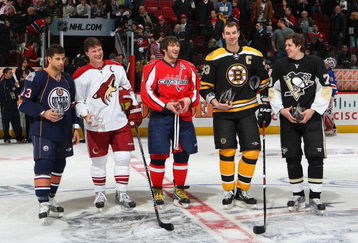 MONTREAL - JANUARY 24:  All-Stars (L-R) Andrew Cogliano of the Edmonton Oilers, Shane Doan of the Phoenix Coyotes, Alex Ovechkin of the Washington Capitals, Zdeno Chara of the Boston Bruins and Evgeni Malkin of the Pittsburgh Penguins pose together with their Honda NHL Superskills competition awards as part of the 2009 NHL All-Star weekend on January 24, 2009 at the Bell Centre in Montreal, Canada.  (Photo by Bruce Bennett/Getty Images)