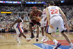 AUBURN HILLS, MI - APRIL 26:  LeBron James #23 of the Cleveland Cavaliers looks to pass against Will Bynum #12, Richard Hamilton #32 and Tayshaun Prince #22 of the Detroit Pistons in Game Four of the Eastern Conference Quarterfinals during the 2009 NBA Playoffs at the Palace of Auburn Hills on April 26, 2009 in Auburn Hills, Michigan.  The Cavaliers won 99-78.  NOTE TO USER: User expressly acknowledges and agrees that, by downloading and or using this photograph, User is consenting to the terms and conditions of the Getty Images License Agreement.  (Photo by Gregory Shamus/Getty Images)