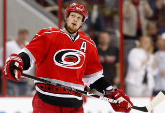 RALEIGH, NC - MAY 08:  Eric Staal #12 of the Carolina Hurricanes skates during a break against the Boston Bruins during Game Four of the Eastern Conference Semifinal Round of the 2009 Stanley Cup Playoffs at RBC Center on May 8, 2009 in Raleigh, North Carolina.  (Photo by Streeter Lecka/Getty Images)