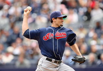 NEW YORK - APRIL 19:  Carl Pavano #44 of the Cleveland Indians pitches against the New York Yankees at Yankee Stadium on April 19, 2009 in the Bronx borough of New York City.  (Photo by Ezra Shaw/Getty Images)