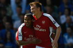 PORTSMOUTH, UNITED KINGDOM - MAY 02:  Nicklas Bendtner of Arsenal (R) celebrates with team mate Theo Walcott as he scores their first goal during the Barclays Premier League match between Portsmouth and Arsenal at Fratton Park on May 2, 2009 in Portsmouth, England.  (Photo by Paul Gilham/Getty Images)