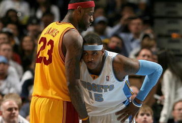 DENVER - DECEMBER 19:  LeBron James #23 of the Cleveland Cavaliers faces off against Carmelo Anthony #15 of the Denver Nuggets at the Pepsi Center on December 19, 2008 in Denver, Colorado. James scored a game high 33 points as the Cavaliers defeated the Nuggets 105-88.  (Photo by Doug Pensinger/Getty Images)