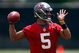 TAMPA - MAY 01: Quarterback Josh Freeman #5 of the Tampa Bay Buccaneers throws a pass during the Buccaneers Rookie Minicamp at One Buccaneer Place on May 1, 2009 in Tampa, Florida. (Photo by J. Meric/Getty Images)