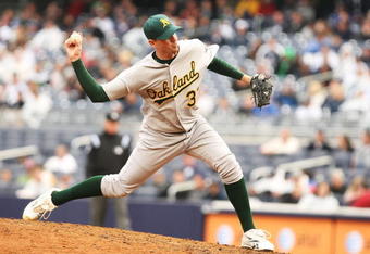 NEW YORK - APRIL 22:  Brad Ziegler #31  of The Oakland Athletics in action against The New York Yankees during their game on April 22, 2009 at Yankee Stadium in the Bronx Borough of New York.  (Photo by Al Bello/Getty Images)