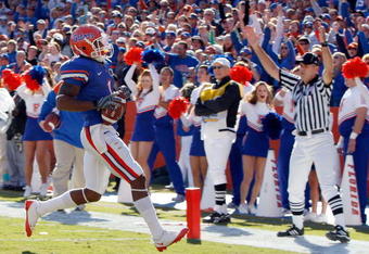 GAINESVILLE, FL - NOVEMBER 22:  Percy Harvin #1 of the Florida Gators scores a touchdown during the game against the Citadel Bulldogs at Ben Hill Griffin Stadium on November 22, 2008 in Gainesville, Florida.  (Photo by Sam Greenwood/Getty Images)