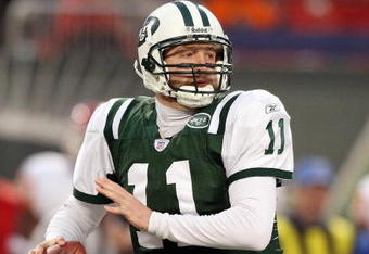 EAST RUTHERFORD, NJ - DECEMBER 30: Kellen Clemens #11 of the New York Jets looks to pass against The Kansas City Chiefs during their game on December 30th, 2007 at The Meadowlands in East Rutherford, New Jersey (Photo by Al Bello/Getty Images)
