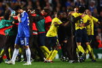 LONDON, ENGLAND - MAY 06:  Barcelona celebrate victory in the UEFA Champions League Semi Final match between Chelsea and Barcelona as Juliano Belletti of Chelsea looks dejected at Stamford Bridge on May 6, 2009 in London, England.  (Photo by Jamie McDonald/Getty Images)