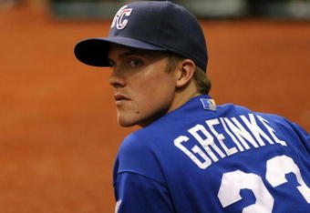 ST. PETERSBURG, FL - JULY 6:  Pitcher Zack Greinke #23 of the Kansas City Royals checks the bullpen against the Tampa Bay Rays July 6, 2008 at Tropicana Field in St. Petersburg, Florida. The Rays defeated the Royals 9-2.  (Photo by Al Messerschmidt/Getty Images)