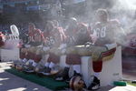 SAN FRANCISCO - OCTOBER 07: Joe Staley #74, Eric Heitmann #66 Larry Allen #71 Adam Snyder #68 of the San Francisco 49ers cool off on the bench against the Baltimore Ravens during an NFL game on October 7, 2007 at Monster Park in San Francisco, California. (Photo by Jed Jacobsohn/Getty Images)