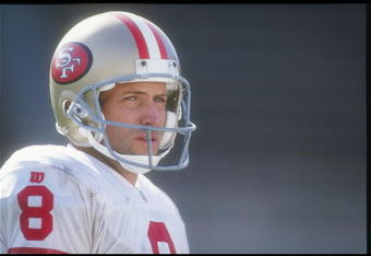 28 Nov 1995:  Quarterback Steve Young of the San Francisco 49ers looks on during a Wheaties commercial filming in Los Angeles, California. Mandatory Credit: Al Bello  /Allsport
