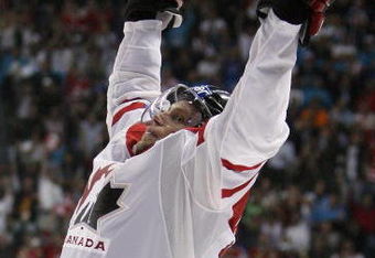 QUEBEC CITY, QC - MAY 18:  Dany Heatley #15 of Canada celebrates his goal in the second period against Russia during the Gold Medal Game of the International Ice Hockey Federation World Championship at the Colisee Pepsi on May 18, 2008 in Quebec City, Canada.  (Photo by Elsa/Getty Images)