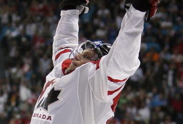 QUEBEC CITY, QC - MAY 18:  Dany Heatley #15 of Canada celebrates his goal in the second period against Russia during the Gold Medal Game of the International Ice Hockey Federation World Championship at the Colisee Pepsi on May 18, 2008 in Quebec City, Canada.  (Photo by Elsa/Getty Images)