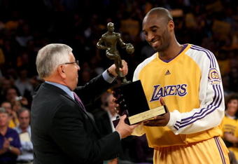 LOS ANGELES, CA - MAY 07:  NBA Commissioner David Stern presents Kobe Bryant #24 of the Los Angeles Lakers the MVP Trophy before the start of Game Two of the Western Conference Semifinals against the Utah Jazz during the 2008 NBA Playoffs on May 7, 2008 at Staples Center in Los Angeles, California.  NOTE TO USER: User expressly acknowledges and agrees that, by downloading and/or using this Photograph, user is consenting to the terms and conditions of the Getty Images License Agreement.  (Photo by Stephen Dunn/Getty Images)*** Local Caption *** Kobe Bryant;David Stern