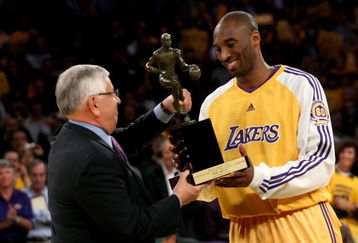 LOS ANGELES, CA - MAY 07:  NBA Commissioner David Stern presents Kobe Bryant #24 of the Los Angeles Lakers the MVP Trophy before the start of Game Two of the Western Conference Semifinals against the Utah Jazz during the 2008 NBA Playoffs on May 7, 2008 at Staples Center in Los Angeles, California.  NOTE TO USER: User expressly acknowledges and agrees that, by downloading and/or using this Photograph, user is consenting to the terms and conditions of the Getty Images License Agreement.  (Photo by Stephen Dunn/Getty Images)*** Local Caption *** Kobe Bryant;David Stern