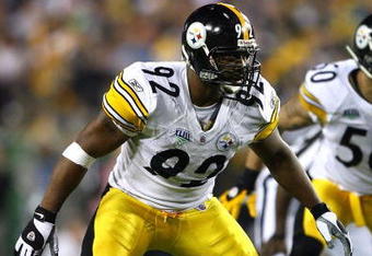 TAMPA, FL - FEBRUARY 01:  Linebacker James Harrison #92 of the Pittsburgh Steelers lines up on defense against the Arizona Cardinals during Super Bowl XLIII on February 1, 2009 at Raymond James Stadium in Tampa, Florida. Steelers won 27-23. (Photo by Al Bello/Getty Images)