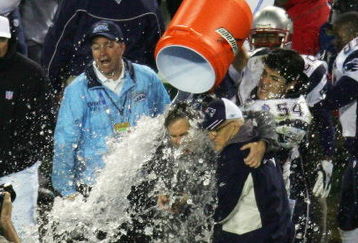 JACKSONVILLE, FL - FEBRUARY 6:   Linebacker Tedy Bruschi #54 of the New England Patriots pours the Gatorade tub over head coach Bill Belichick before defeating the Philadelphia Eagles in Super Bowl XXXIX at Alltel Stadium on February 6, 2005 in Jacksonville, Florida.  The Patriots defeated the Eagles 24-21.  (Photo by Harry How/Getty Images)